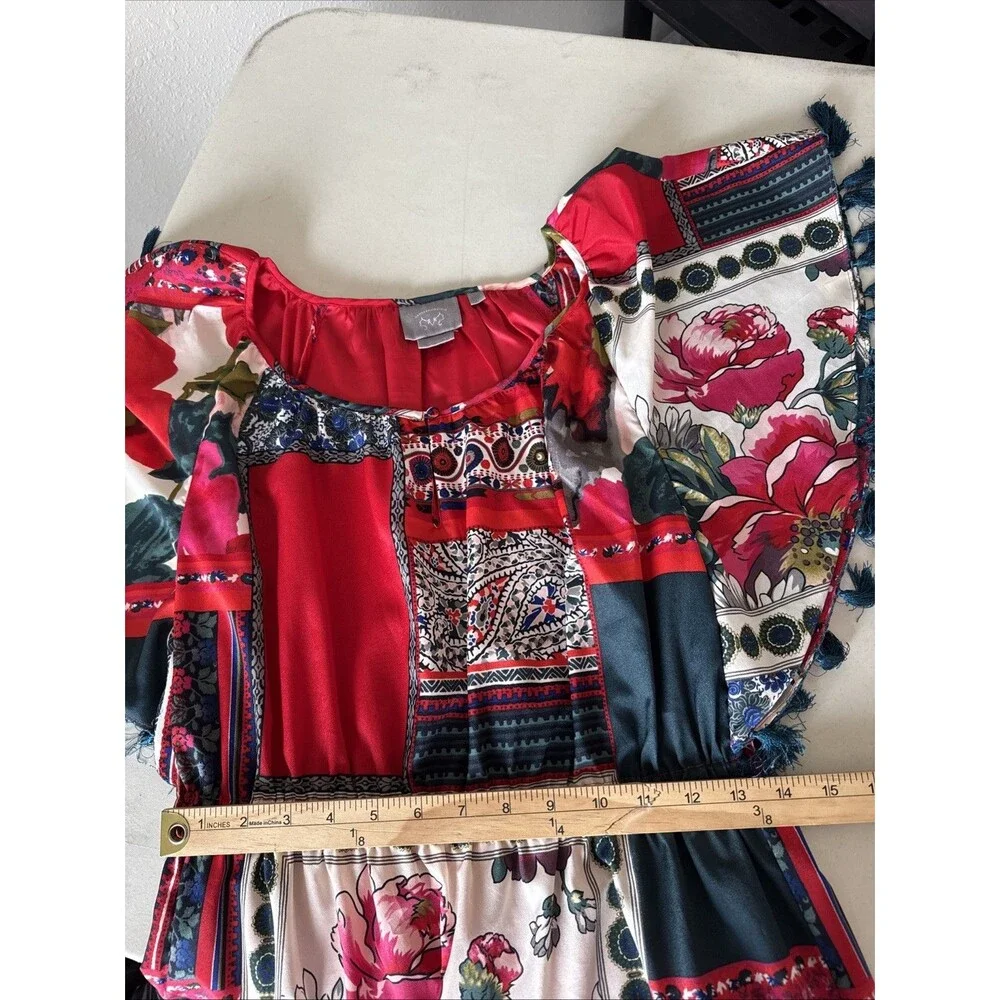 Anthropologie Vanessa Virginia Persian Rose Dress Tassels Red Navy White Small - Picture 13 of 14